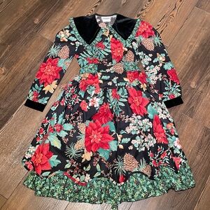 Vintage Bonnie Jean Girls Festive Floral Dress Velvet Collar Size 8